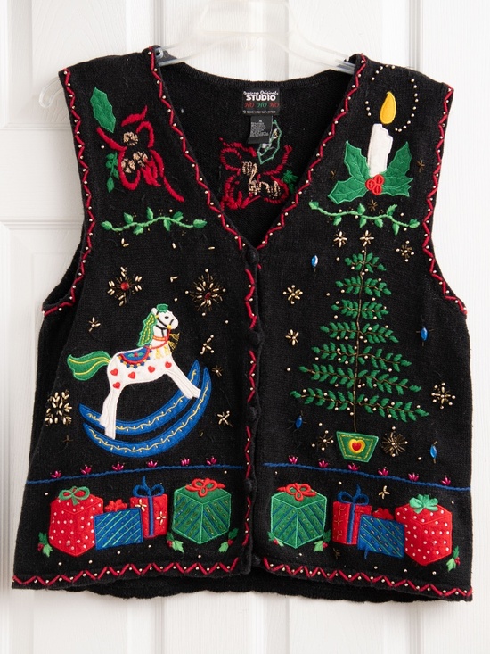 Vintage Christmas Sweater Beaded Vest Grannycore Designer Originals Studio Sz XL - Picture 1 of 6